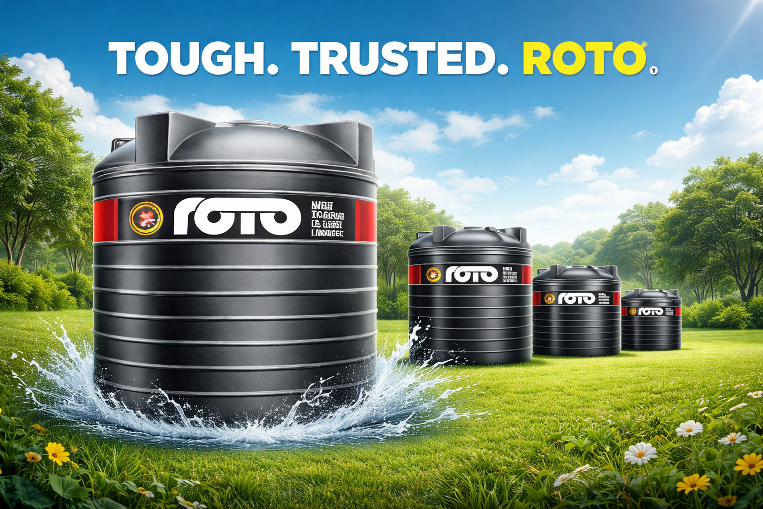 Roto Tanks lineup in an outdoor water storage setting